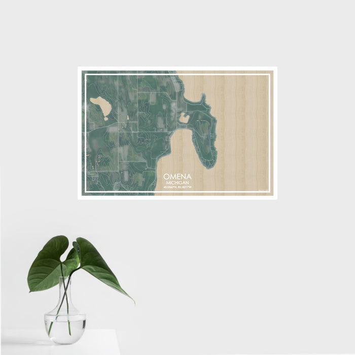 16x24 Omena Michigan Map Print Landscape Orientation in Afternoon Style With Tropical Plant Leaves in Water