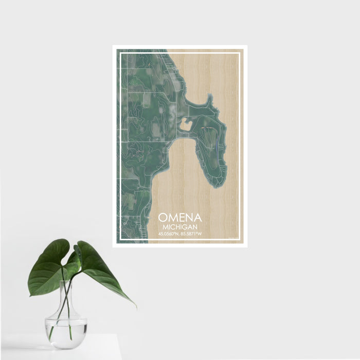 16x24 Omena Michigan Map Print Portrait Orientation in Afternoon Style With Tropical Plant Leaves in Water