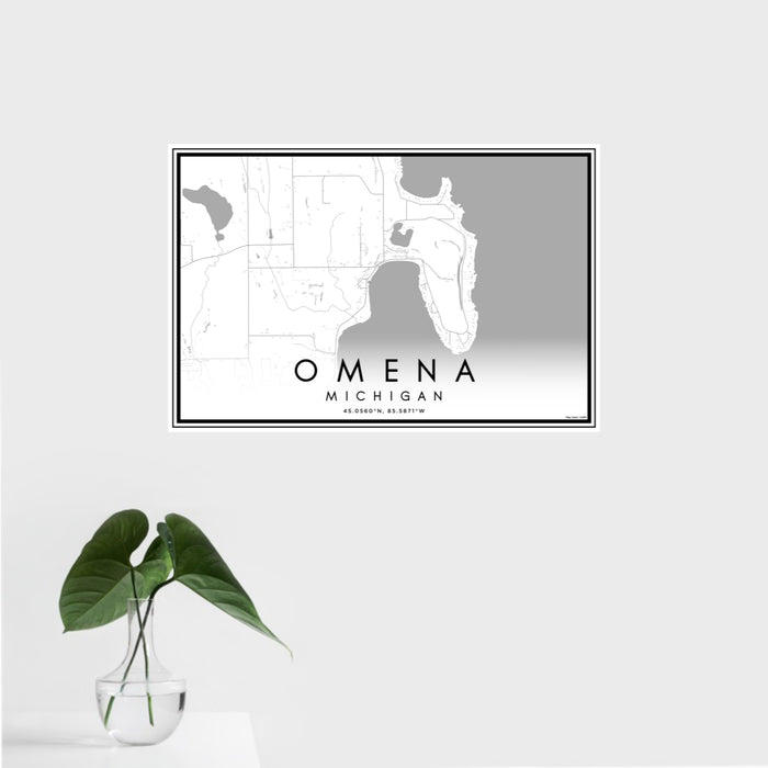 16x24 Omena Michigan Map Print Landscape Orientation in Classic Style With Tropical Plant Leaves in Water
