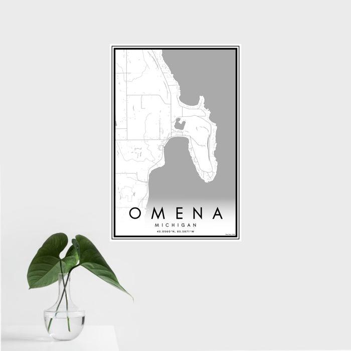 16x24 Omena Michigan Map Print Portrait Orientation in Classic Style With Tropical Plant Leaves in Water