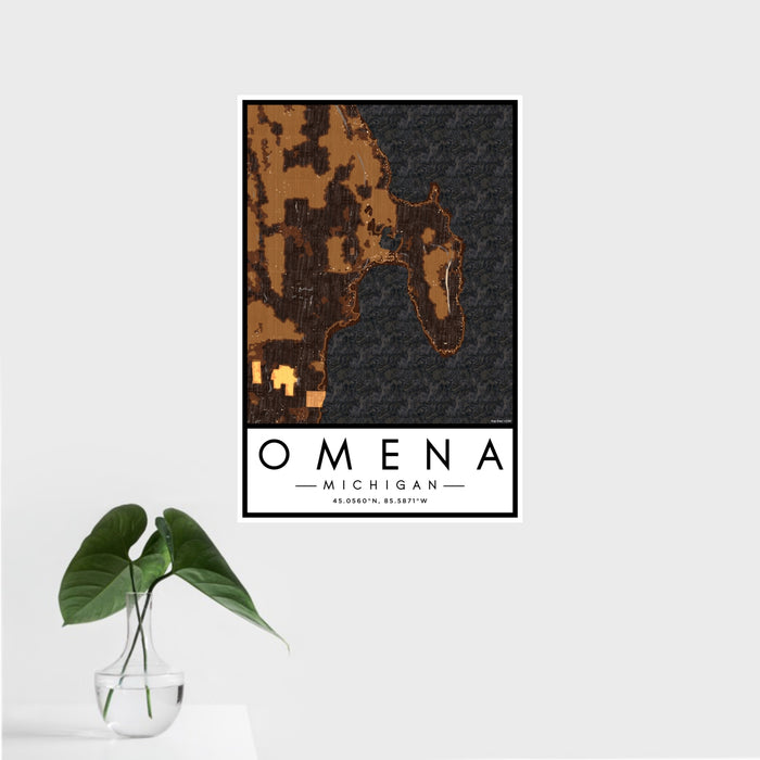 16x24 Omena Michigan Map Print Portrait Orientation in Ember Style With Tropical Plant Leaves in Water