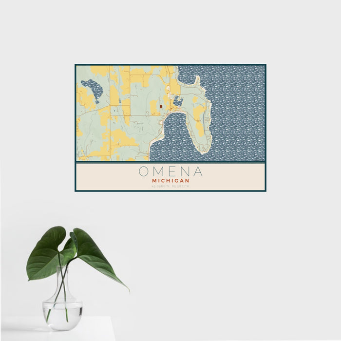 16x24 Omena Michigan Map Print Landscape Orientation in Woodblock Style With Tropical Plant Leaves in Water