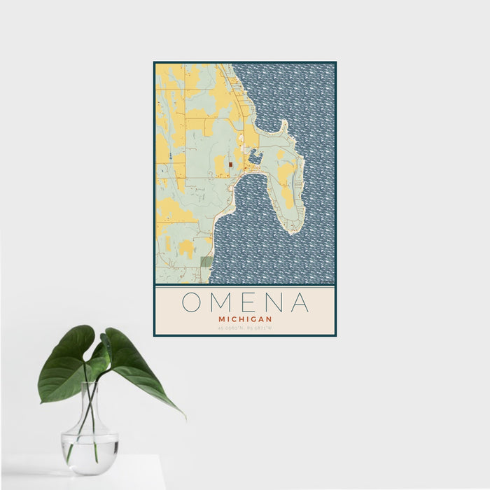16x24 Omena Michigan Map Print Portrait Orientation in Woodblock Style With Tropical Plant Leaves in Water