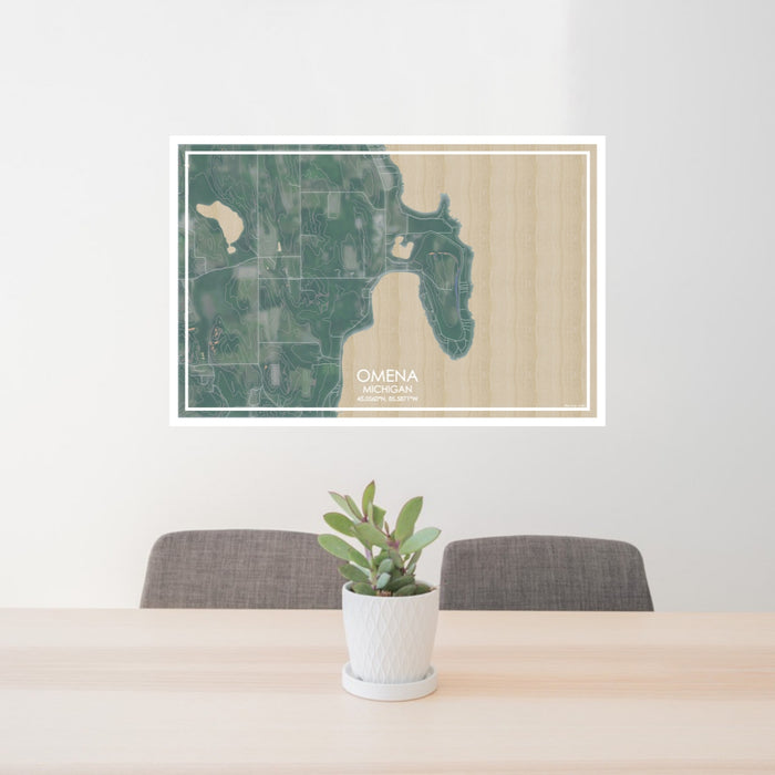 24x36 Omena Michigan Map Print Lanscape Orientation in Afternoon Style Behind 2 Chairs Table and Potted Plant