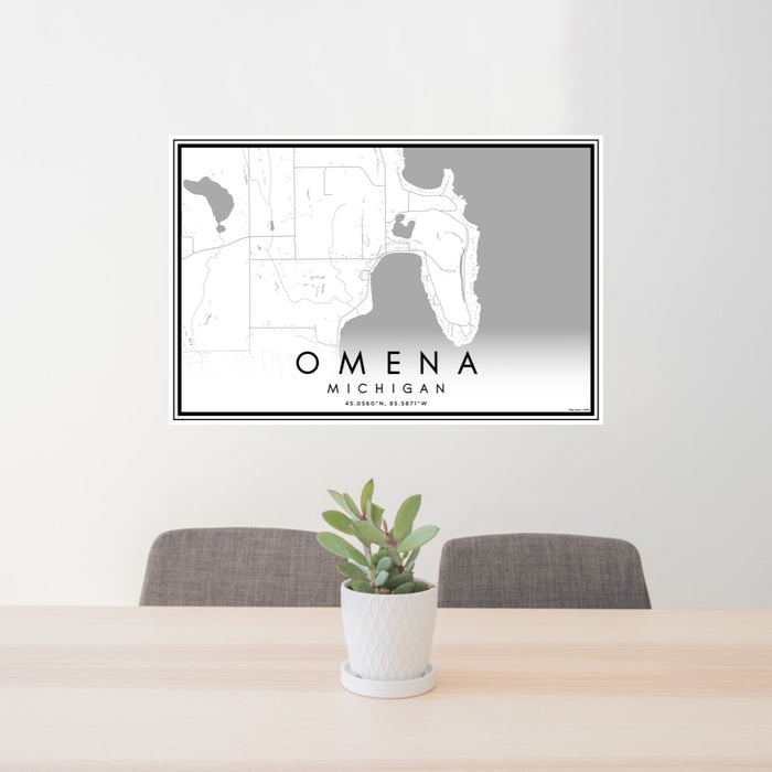 24x36 Omena Michigan Map Print Lanscape Orientation in Classic Style Behind 2 Chairs Table and Potted Plant