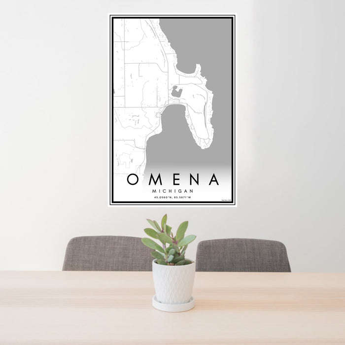 24x36 Omena Michigan Map Print Portrait Orientation in Classic Style Behind 2 Chairs Table and Potted Plant