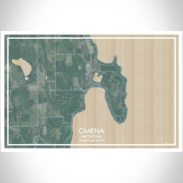 Omena Michigan Map Print Landscape Orientation in Afternoon Style With Shaded Background