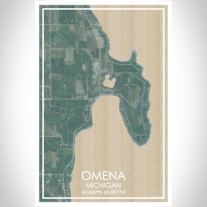 Omena Michigan Map Print Portrait Orientation in Afternoon Style With Shaded Background