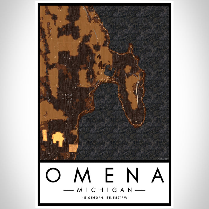 Omena Michigan Map Print Portrait Orientation in Ember Style With Shaded Background