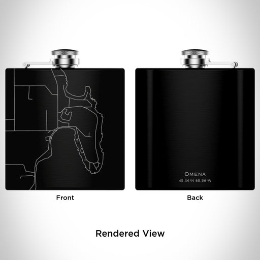 Rendered View of Omena Michigan Map Engraving on 6oz Stainless Steel Flask in Black