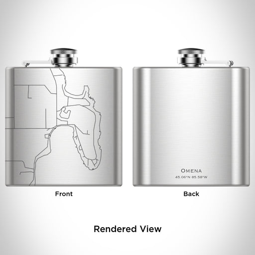 Rendered View of Omena Michigan Map Engraving on 6oz Stainless Steel Flask