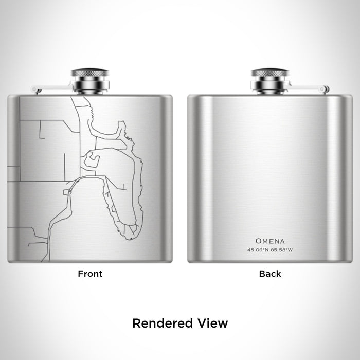Rendered View of Omena Michigan Map Engraving on 6oz Stainless Steel Flask