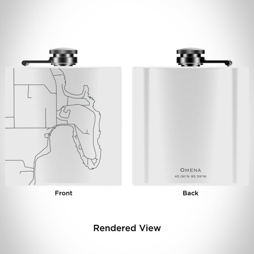 Rendered View of Omena Michigan Map Engraving on 6oz Stainless Steel Flask in White