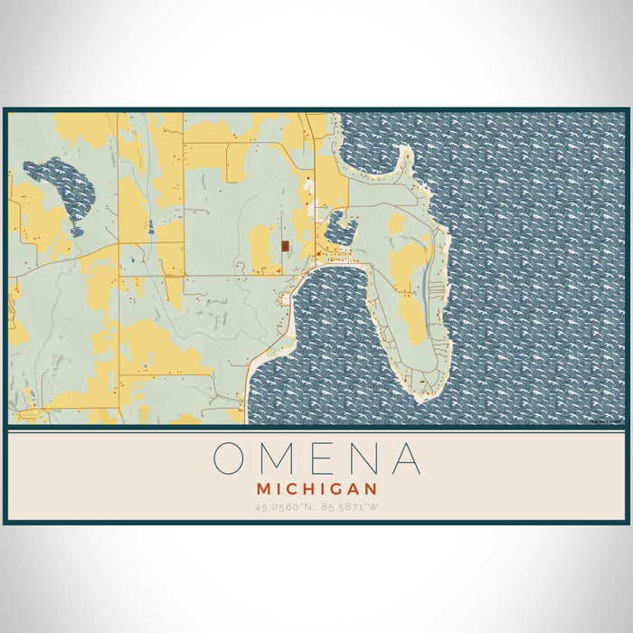 Omena Michigan Map Print Landscape Orientation in Woodblock Style With Shaded Background