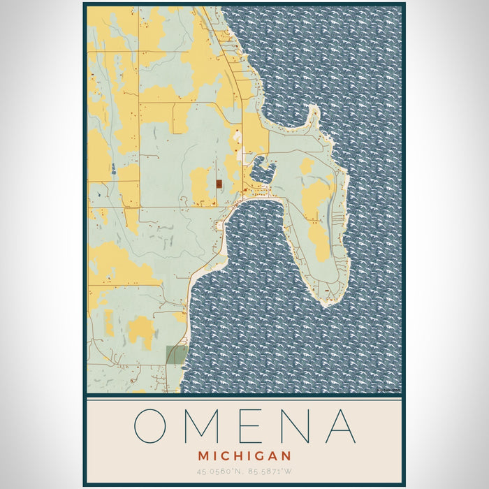 Omena Michigan Map Print Portrait Orientation in Woodblock Style With Shaded Background