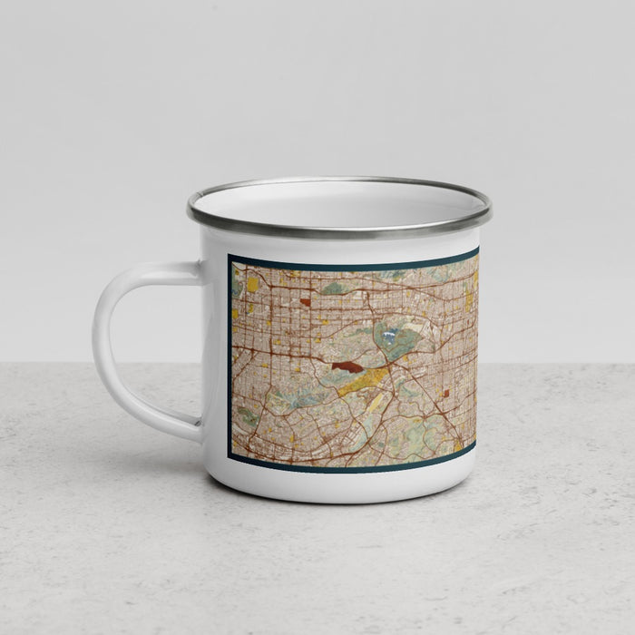 Left View Custom Ontario California Map Enamel Mug in Woodblock