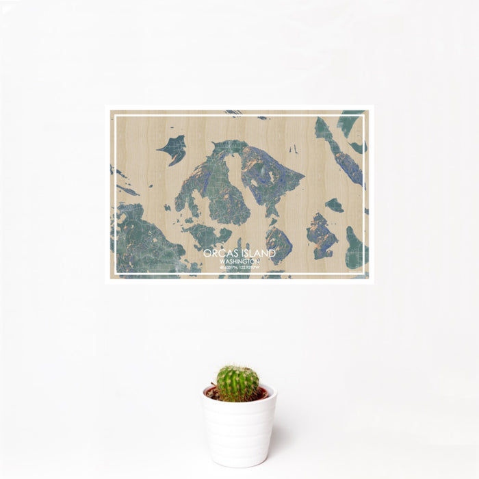 12x18 Orcas Island Washington Map Print Landscape Orientation in Afternoon Style With Small Cactus Plant in White Planter