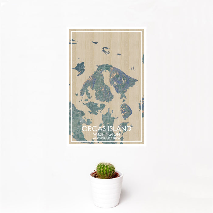12x18 Orcas Island Washington Map Print Portrait Orientation in Afternoon Style With Small Cactus Plant in White Planter