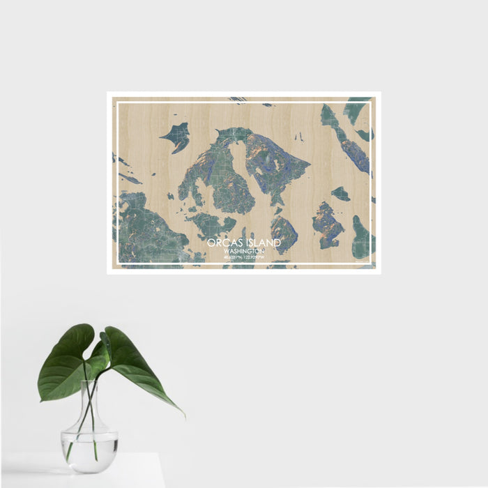 16x24 Orcas Island Washington Map Print Landscape Orientation in Afternoon Style With Tropical Plant Leaves in Water