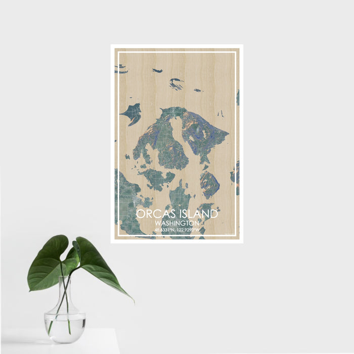 16x24 Orcas Island Washington Map Print Portrait Orientation in Afternoon Style With Tropical Plant Leaves in Water