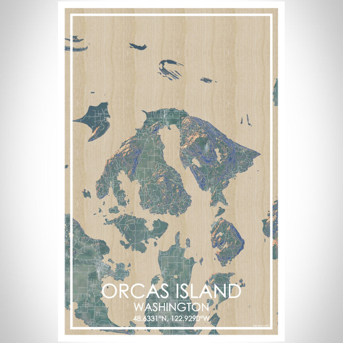 Orcas Island Washington Map Print Portrait Orientation in Afternoon Style With Shaded Background