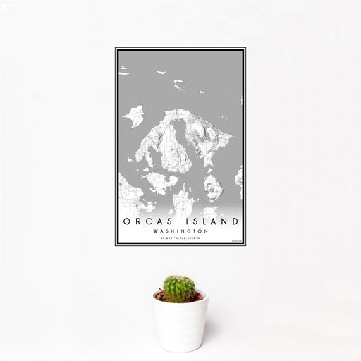 12x18 Orcas Island Washington Map Print Portrait Orientation in Classic Style With Small Cactus Plant in White Planter