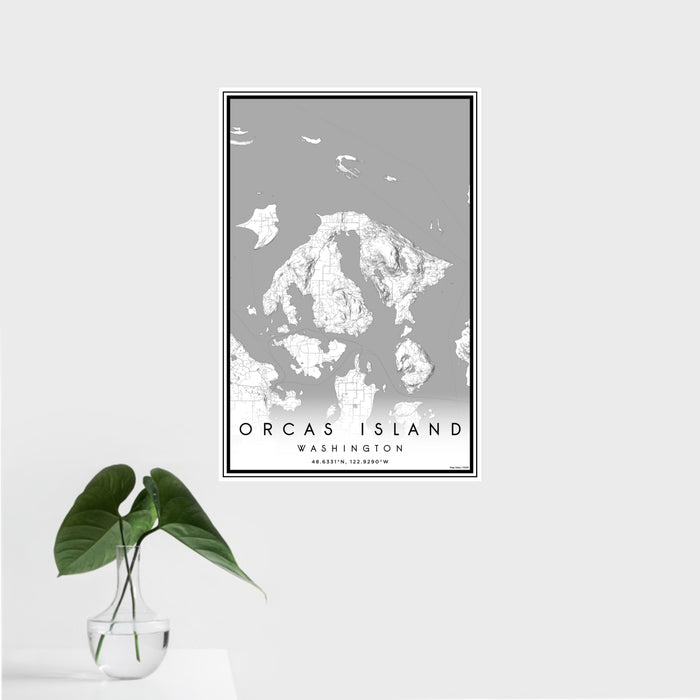 16x24 Orcas Island Washington Map Print Portrait Orientation in Classic Style With Tropical Plant Leaves in Water