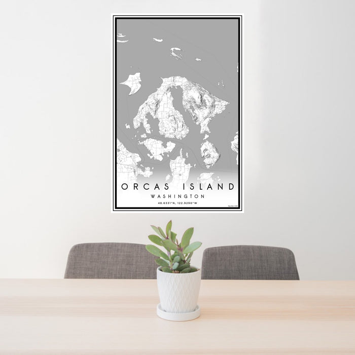 24x36 Orcas Island Washington Map Print Portrait Orientation in Classic Style Behind 2 Chairs Table and Potted Plant