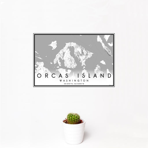 12x18 Orcas Island Washington Map Print Landscape Orientation in Classic Style With Small Cactus Plant in White Planter