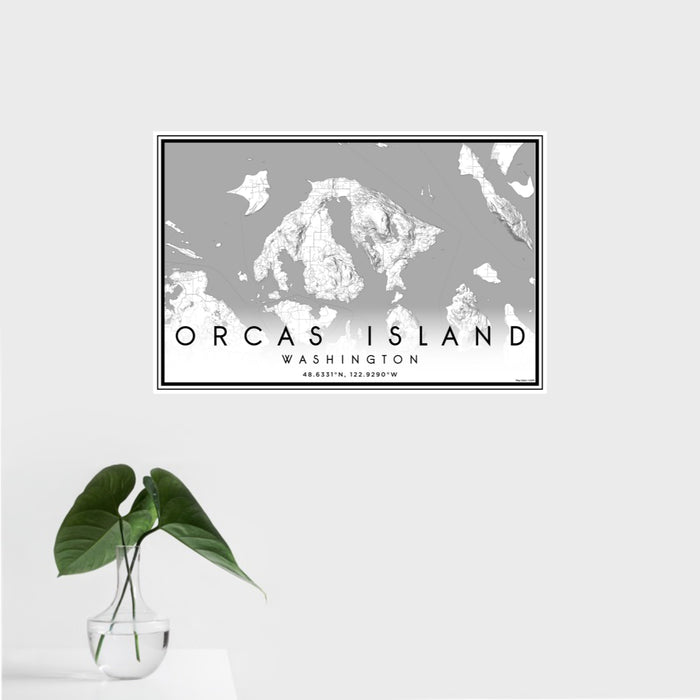 16x24 Orcas Island Washington Map Print Landscape Orientation in Classic Style With Tropical Plant Leaves in Water