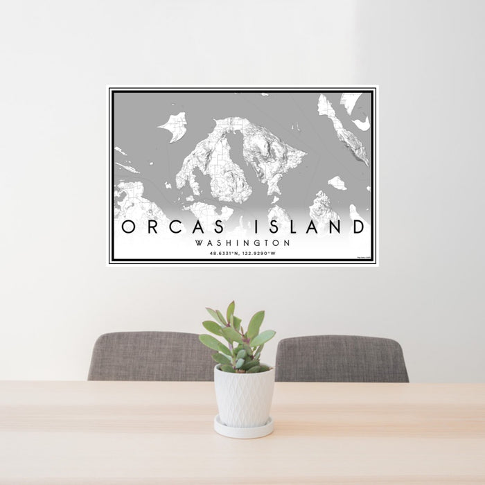 24x36 Orcas Island Washington Map Print Landscape Orientation in Classic Style Behind 2 Chairs Table and Potted Plant