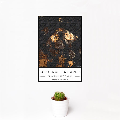 12x18 Orcas Island Washington Map Print Portrait Orientation in Ember Style With Small Cactus Plant in White Planter