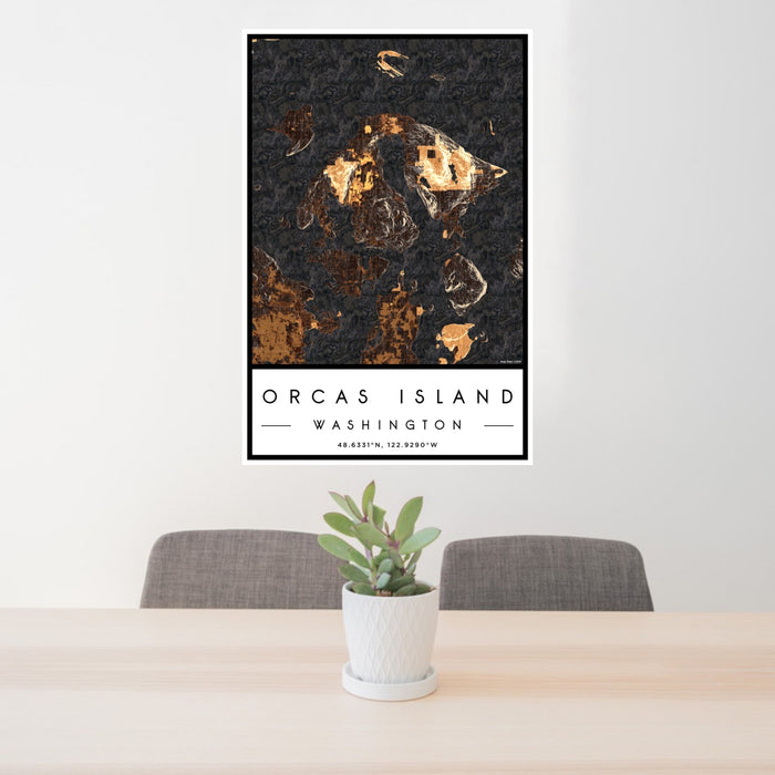 24x36 Orcas Island Washington Map Print Portrait Orientation in Ember Style Behind 2 Chairs Table and Potted Plant