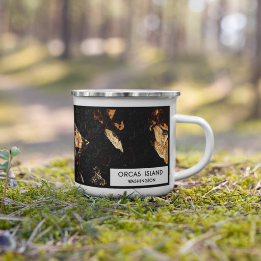 Right View Custom Orcas Island Washington Map Enamel Mug in Ember on Grass With Trees in Background