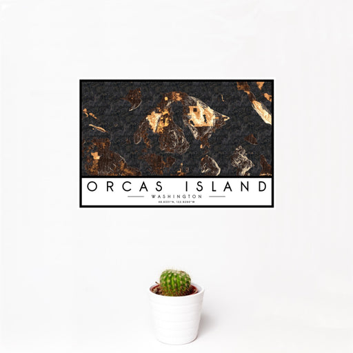 12x18 Orcas Island Washington Map Print Landscape Orientation in Ember Style With Small Cactus Plant in White Planter