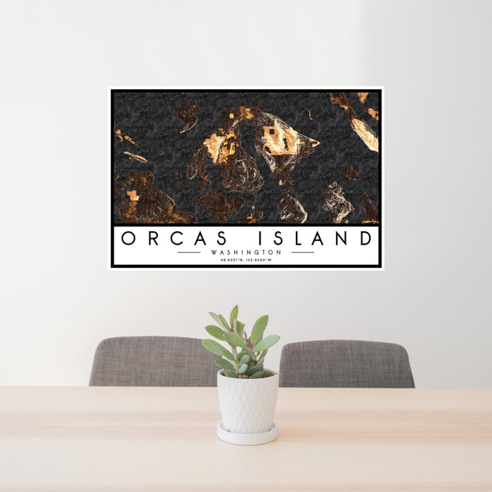 24x36 Orcas Island Washington Map Print Landscape Orientation in Ember Style Behind 2 Chairs Table and Potted Plant
