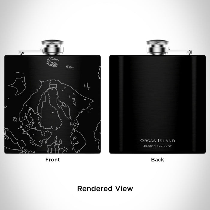 Rendered View of Orcas Island Washington Map Engraving on 6oz Stainless Steel Flask in Black