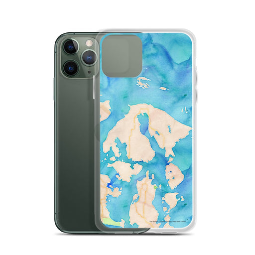 Custom Orcas Island Washington Map Phone Case in Watercolor on Table with Laptop and Plant
