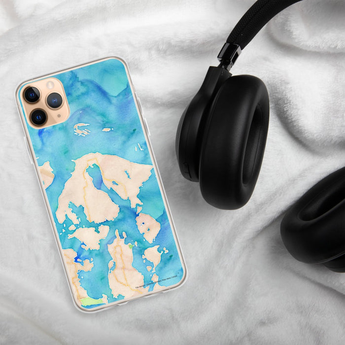 Custom Orcas Island Washington Map Phone Case in Watercolor on Table with Black Headphones