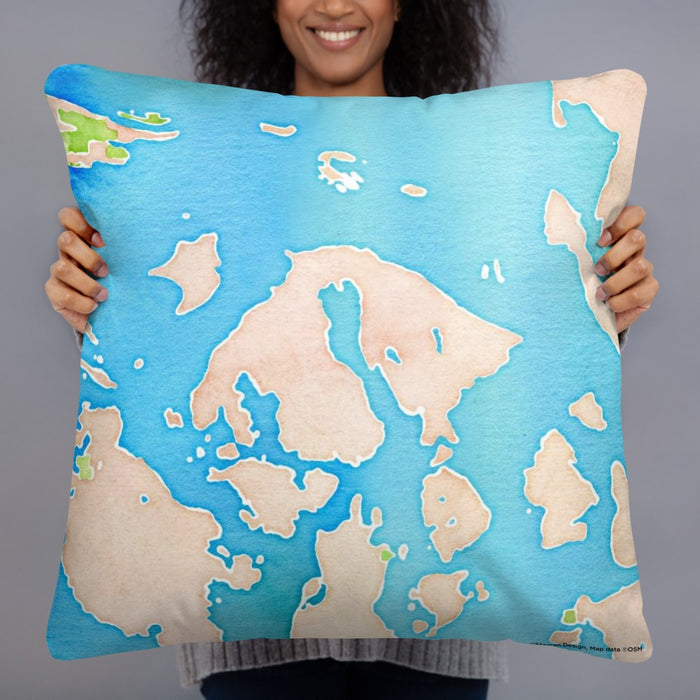 Person holding 22x22 Custom Orcas Island Washington Map Throw Pillow in Watercolor