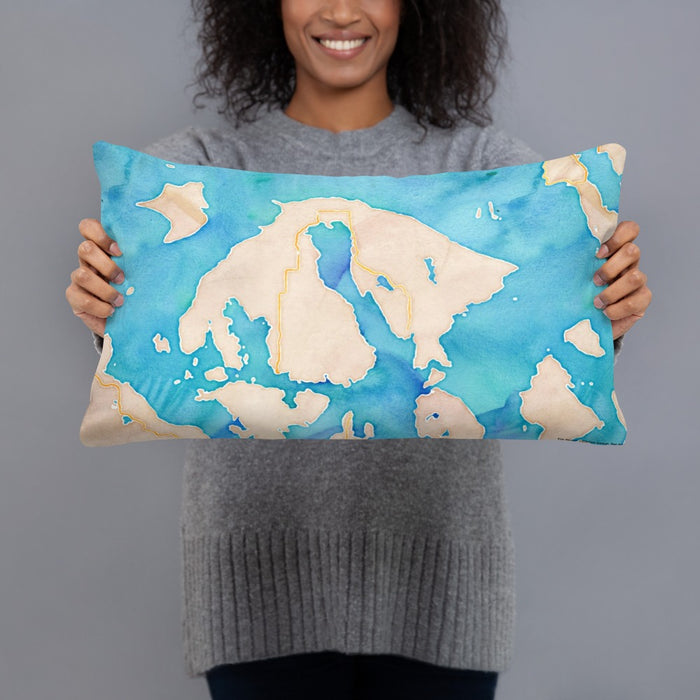 Person holding 20x12 Custom Orcas Island Washington Map Throw Pillow in Watercolor