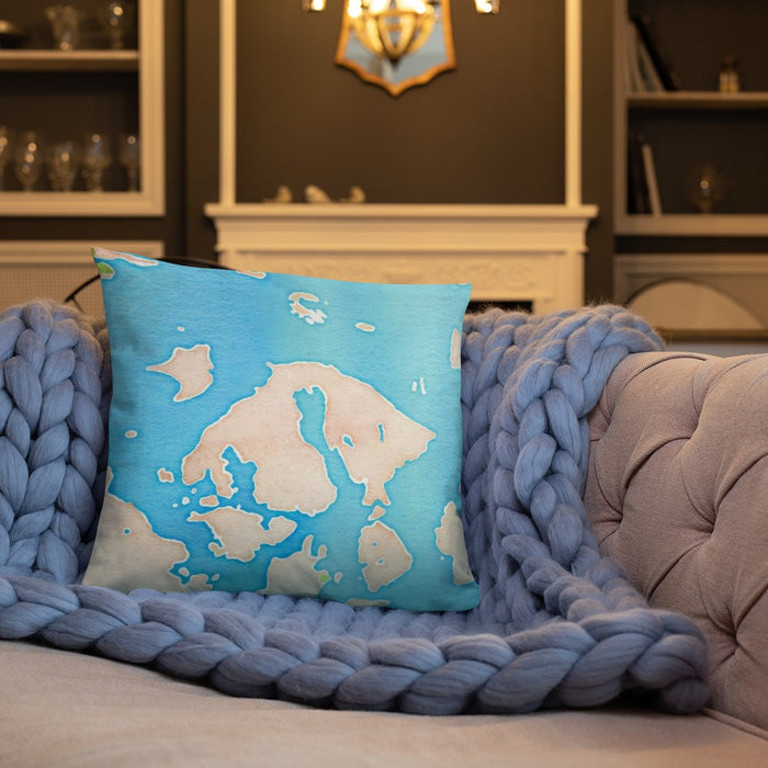 Custom Orcas Island Washington Map Throw Pillow in Watercolor on Cream Colored Couch