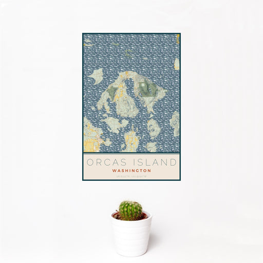 12x18 Orcas Island Washington Map Print Portrait Orientation in Woodblock Style With Small Cactus Plant in White Planter
