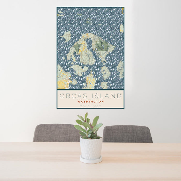 24x36 Orcas Island Washington Map Print Portrait Orientation in Woodblock Style Behind 2 Chairs Table and Potted Plant