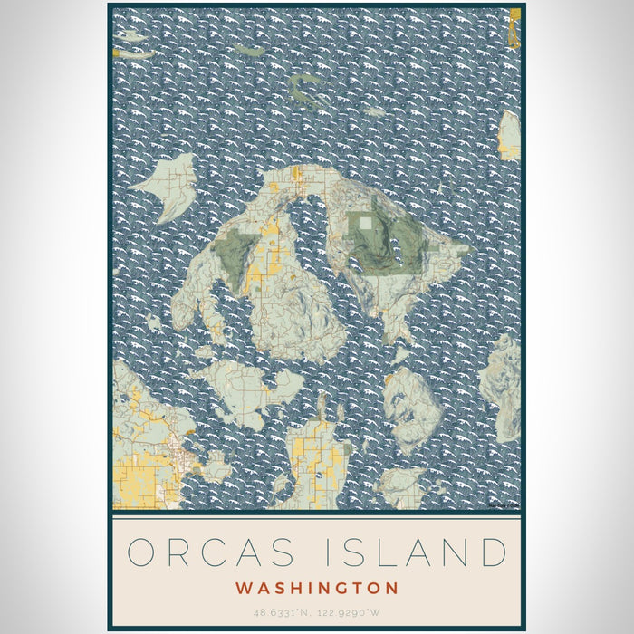 Orcas Island Washington Map Print Portrait Orientation in Woodblock Style With Shaded Background