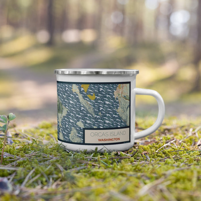 Right View Custom Orcas Island Washington Map Enamel Mug in Woodblock on Grass With Trees in Background