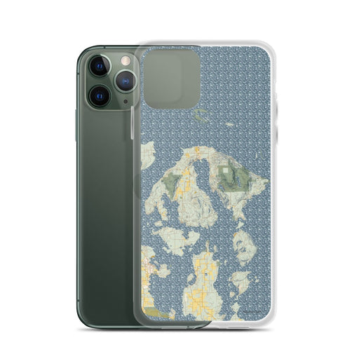 Custom Orcas Island Washington Map Phone Case in Woodblock on Table with Laptop and Plant