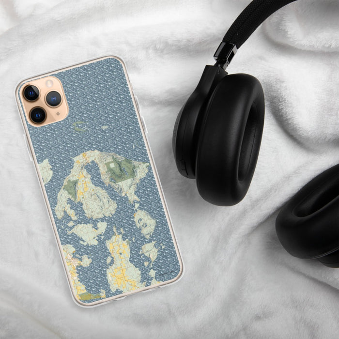 Custom Orcas Island Washington Map Phone Case in Woodblock on Table with Black Headphones