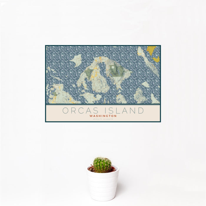 12x18 Orcas Island Washington Map Print Landscape Orientation in Woodblock Style With Small Cactus Plant in White Planter