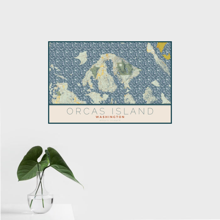 16x24 Orcas Island Washington Map Print Landscape Orientation in Woodblock Style With Tropical Plant Leaves in Water